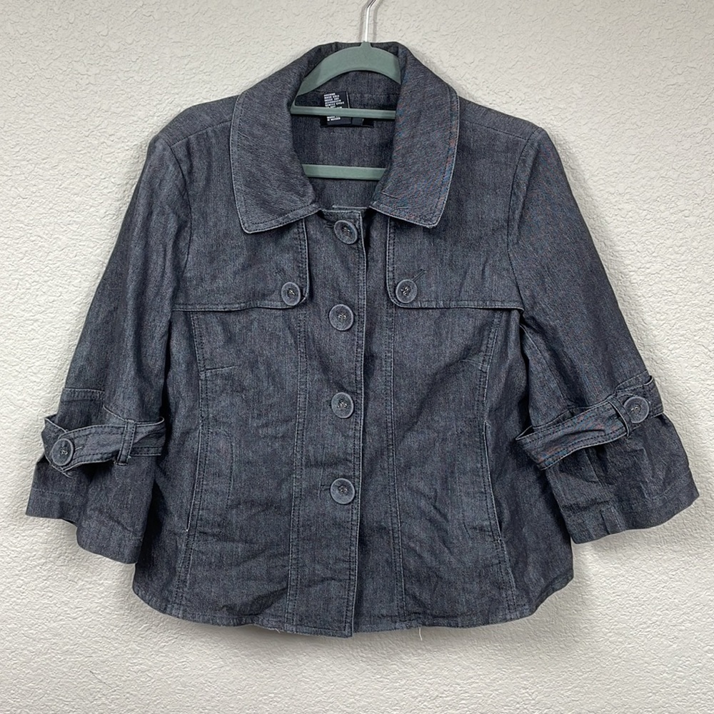 Sandro Sportswear Cropped Jacket Denim Chambray Utility 3/4 Sleeve Gray Sz M